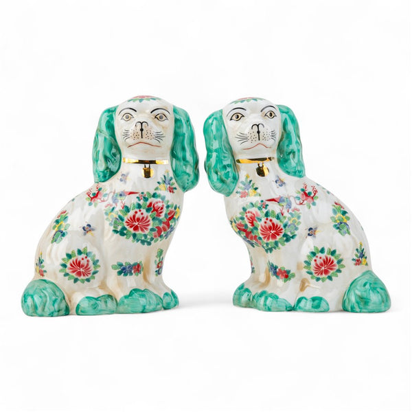 Danny's Fine Porcelain Staffordshire Dogs- Green Rose Medallion - Pair