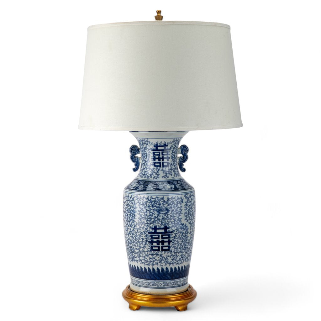 Danny's Fine Porcelain Blue & White Gold Base Lamp -Double Happiness