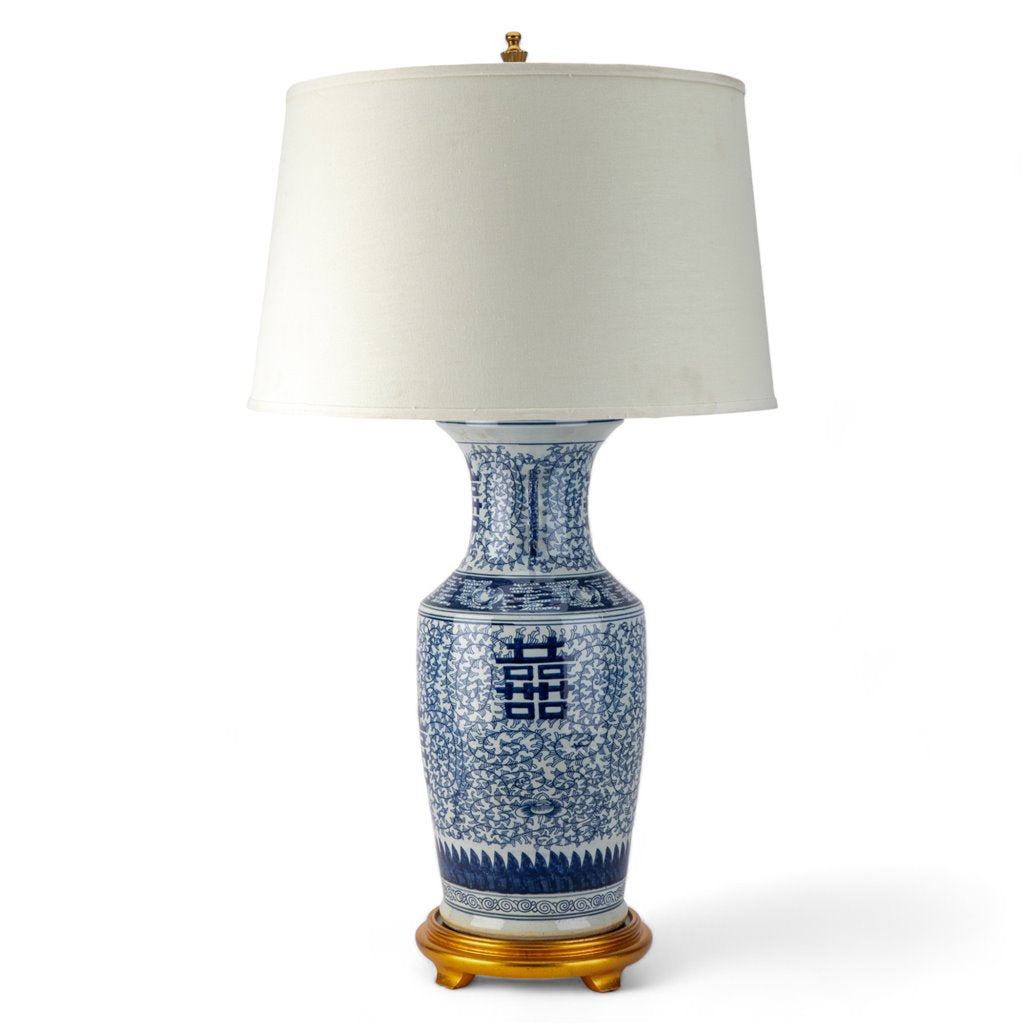 Danny's Fine Porcelain Blue & White Gold Base Lamp -Double Happiness