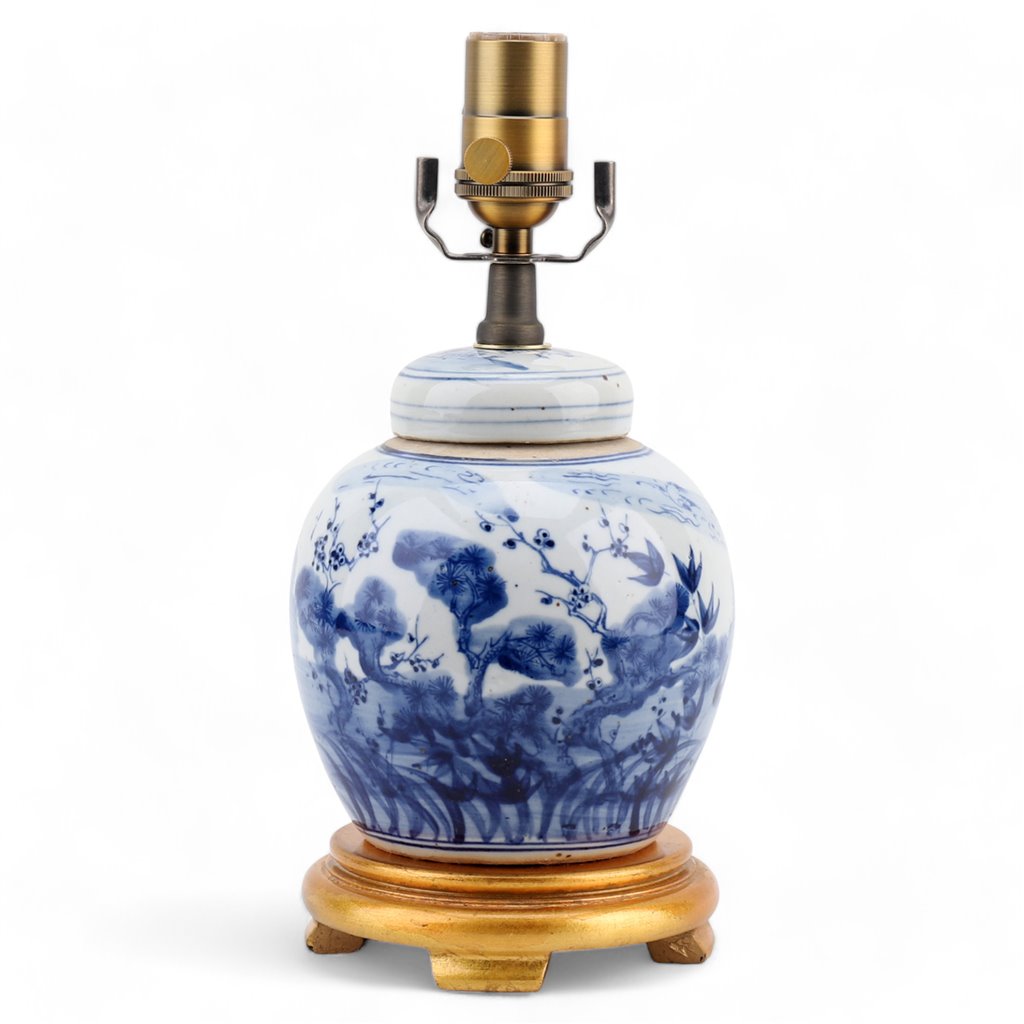Danny's Fine Porcelain Blue & White Bulb Jar Lamp-Floral - Gold Wood Base