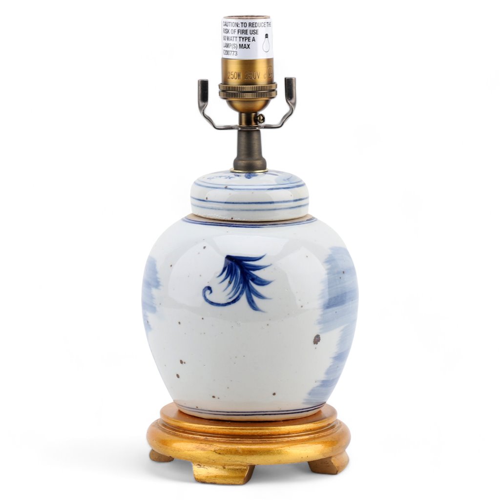 Danny's Fine Porcelain Blue & White Bulb Jar Lamp-Floral - Gold Wood Base