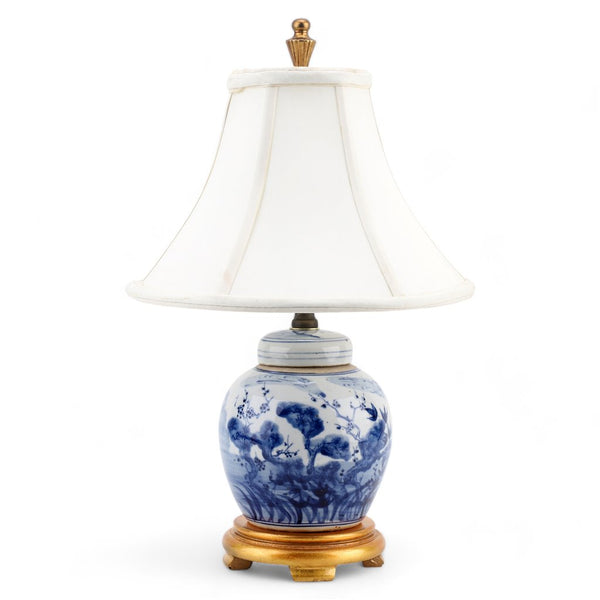 Danny's Fine Porcelain Blue & White Bulb Jar Lamp-Floral - Gold Wood Base