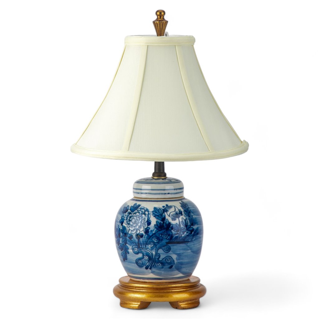 Danny's Fine Porcelain Blue & White Bulb Jar Lamp-Flower - Gold Wood Base