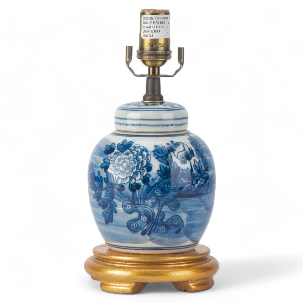 Danny's Fine Porcelain Blue & White Bulb Jar Lamp-Flower - Gold Wood Base