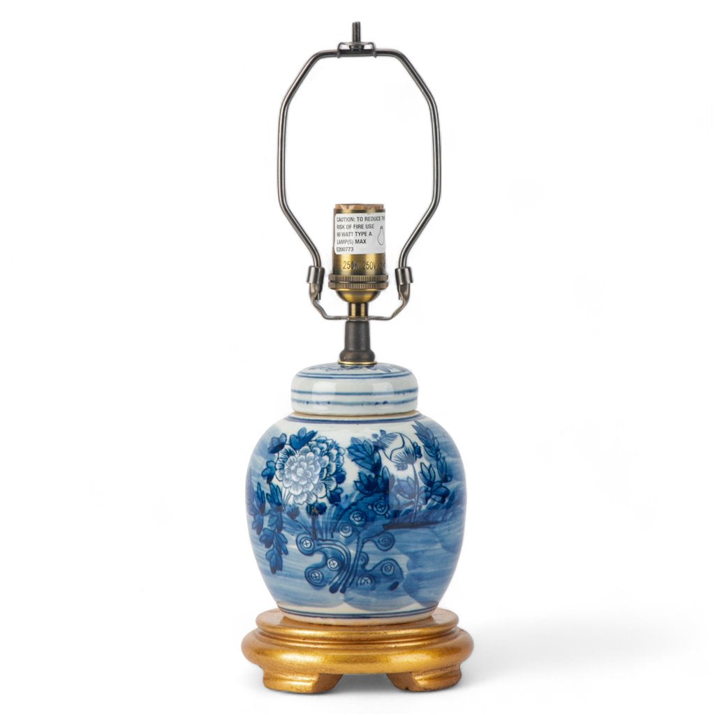 Danny's Fine Porcelain Blue & White Bulb Jar Lamp-Flower - Gold Wood Base