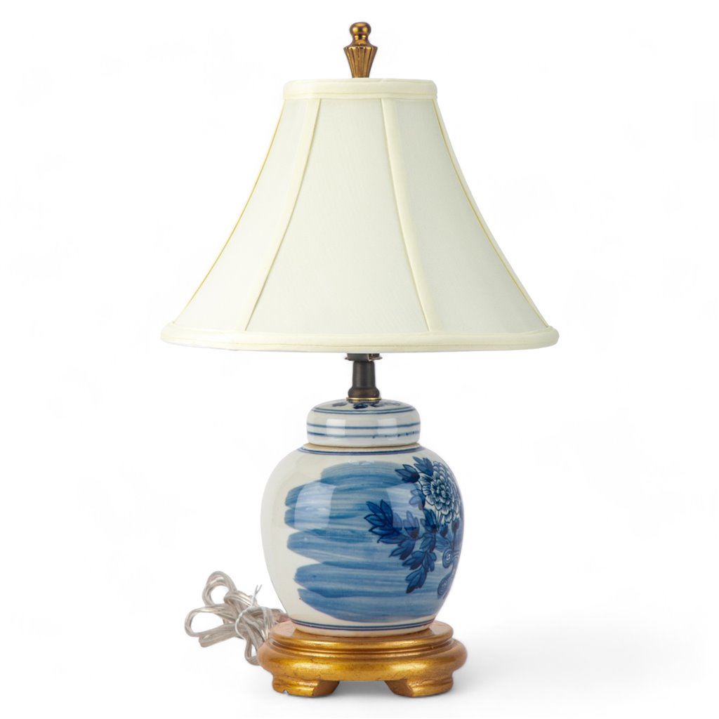 Danny's Fine Porcelain Blue & White Bulb Jar Lamp-Flower - Gold Wood Base