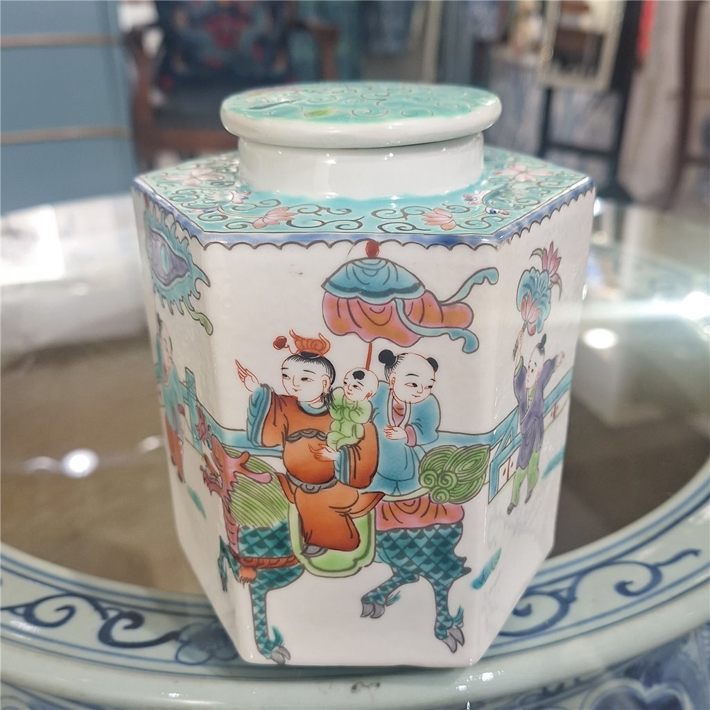 Danny's Fine Porcelain Hexagonal Porcelain Lidded Jar-Hand-Painted Scene