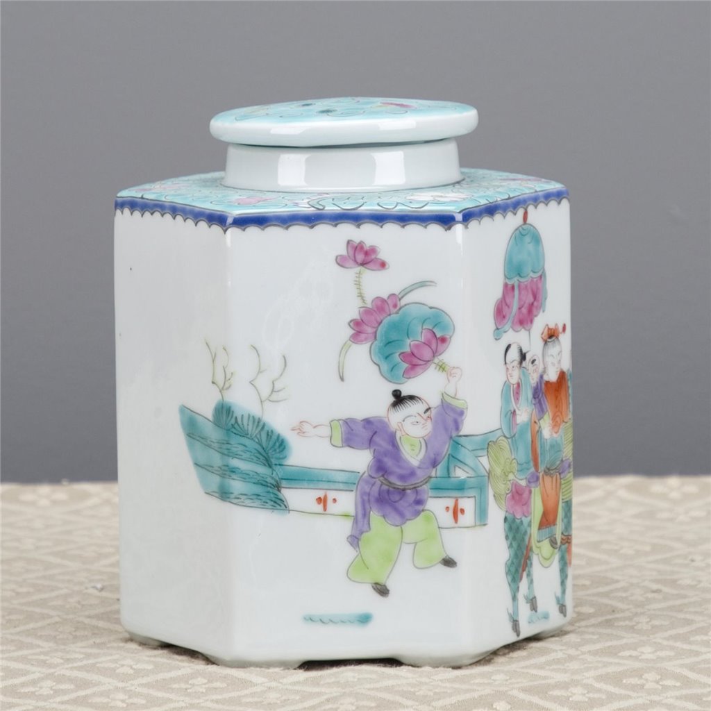 Danny's Fine Porcelain Hexagonal Porcelain Lidded Jar-Hand-Painted Scene
