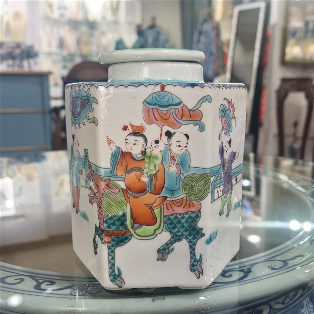 Danny's Fine Porcelain Hexagonal Porcelain Lidded Jar-Hand-Painted Scene