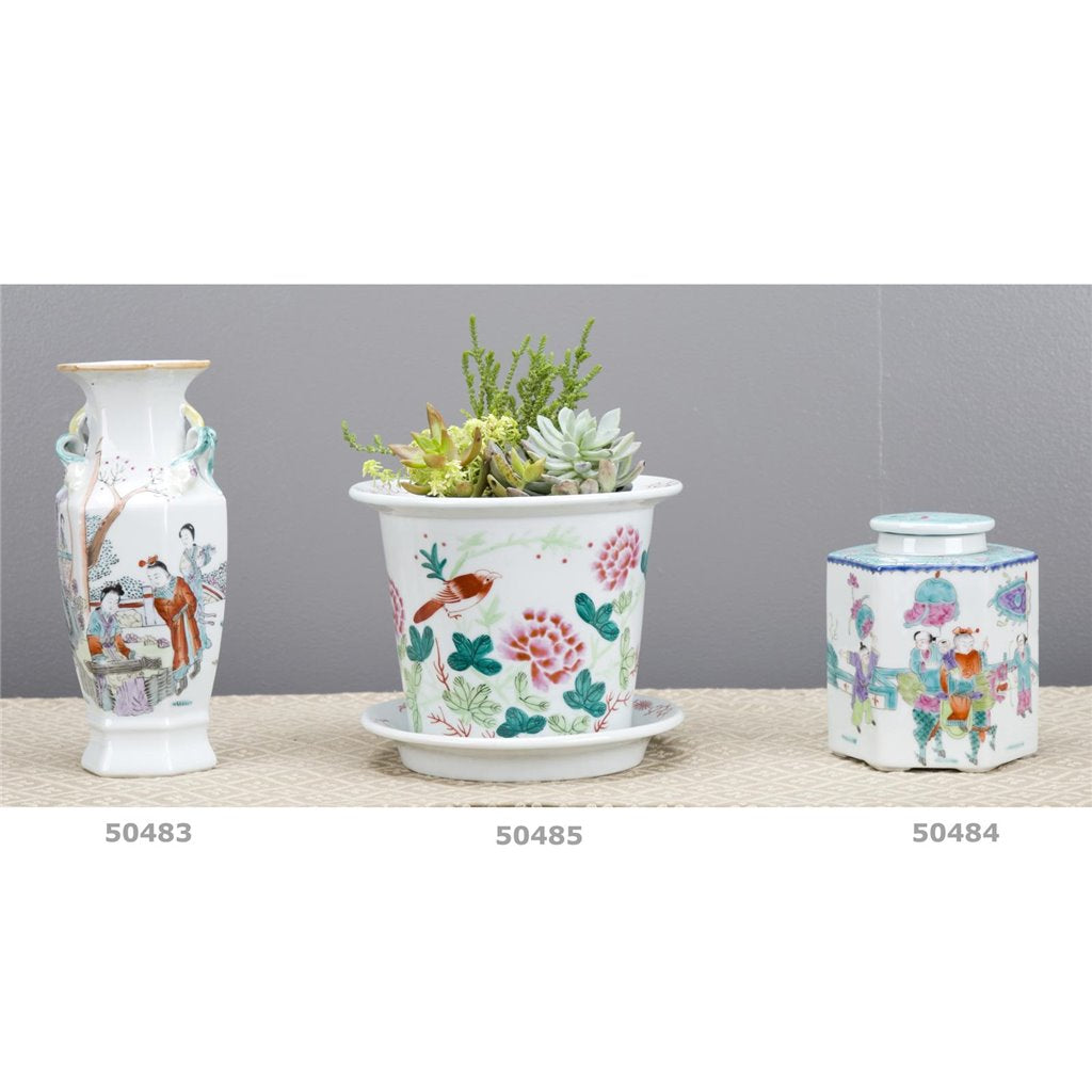 Danny's Fine Porcelain Hexagonal Porcelain Lidded Jar-Hand-Painted Scene