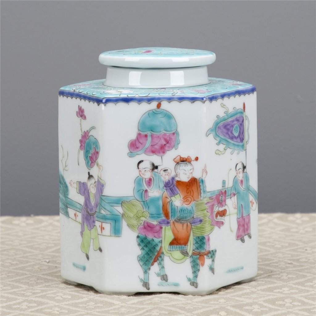 Danny's Fine Porcelain Hexagonal Porcelain Lidded Jar-Hand-Painted Scene