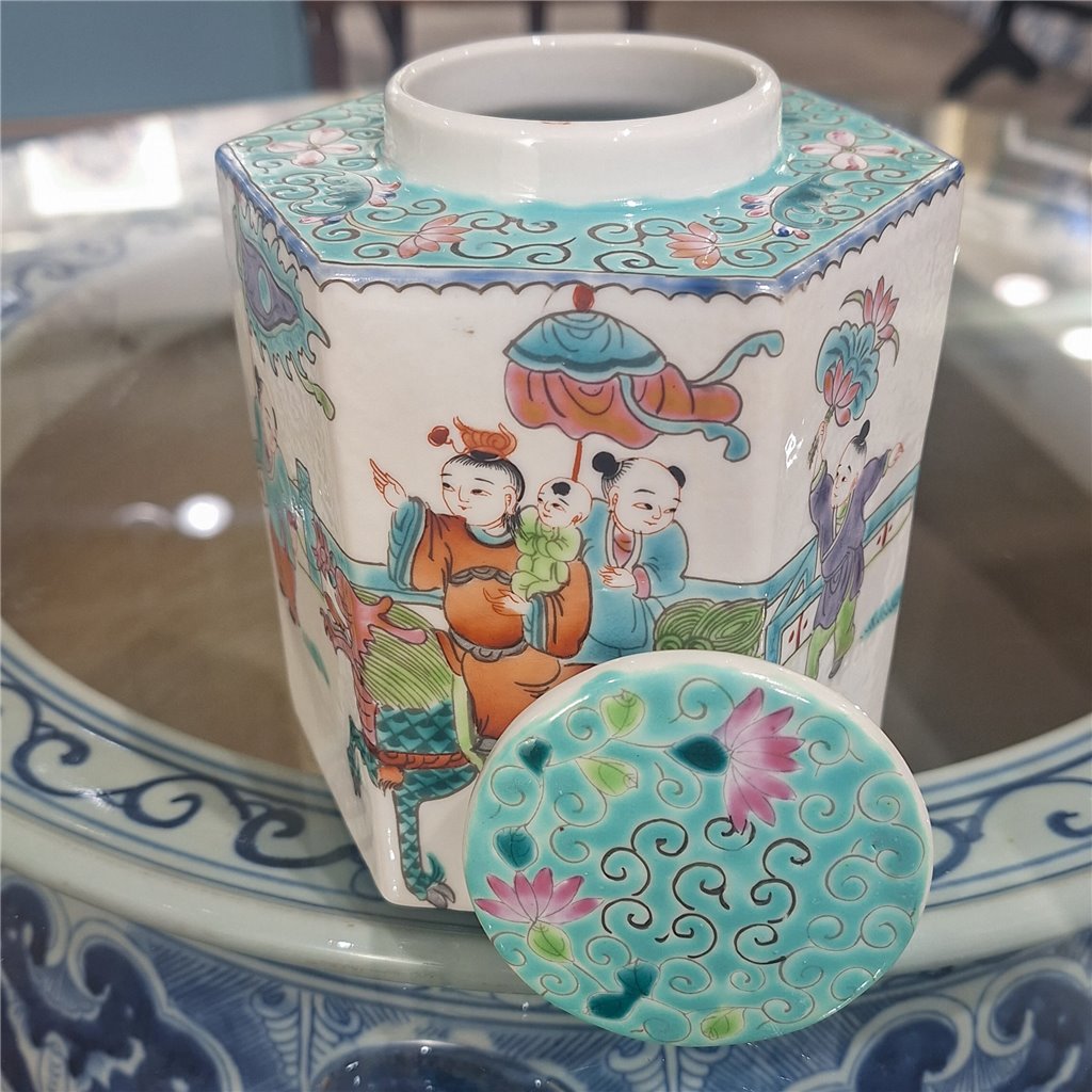 Danny's Fine Porcelain Hexagonal Porcelain Lidded Jar-Hand-Painted Scene