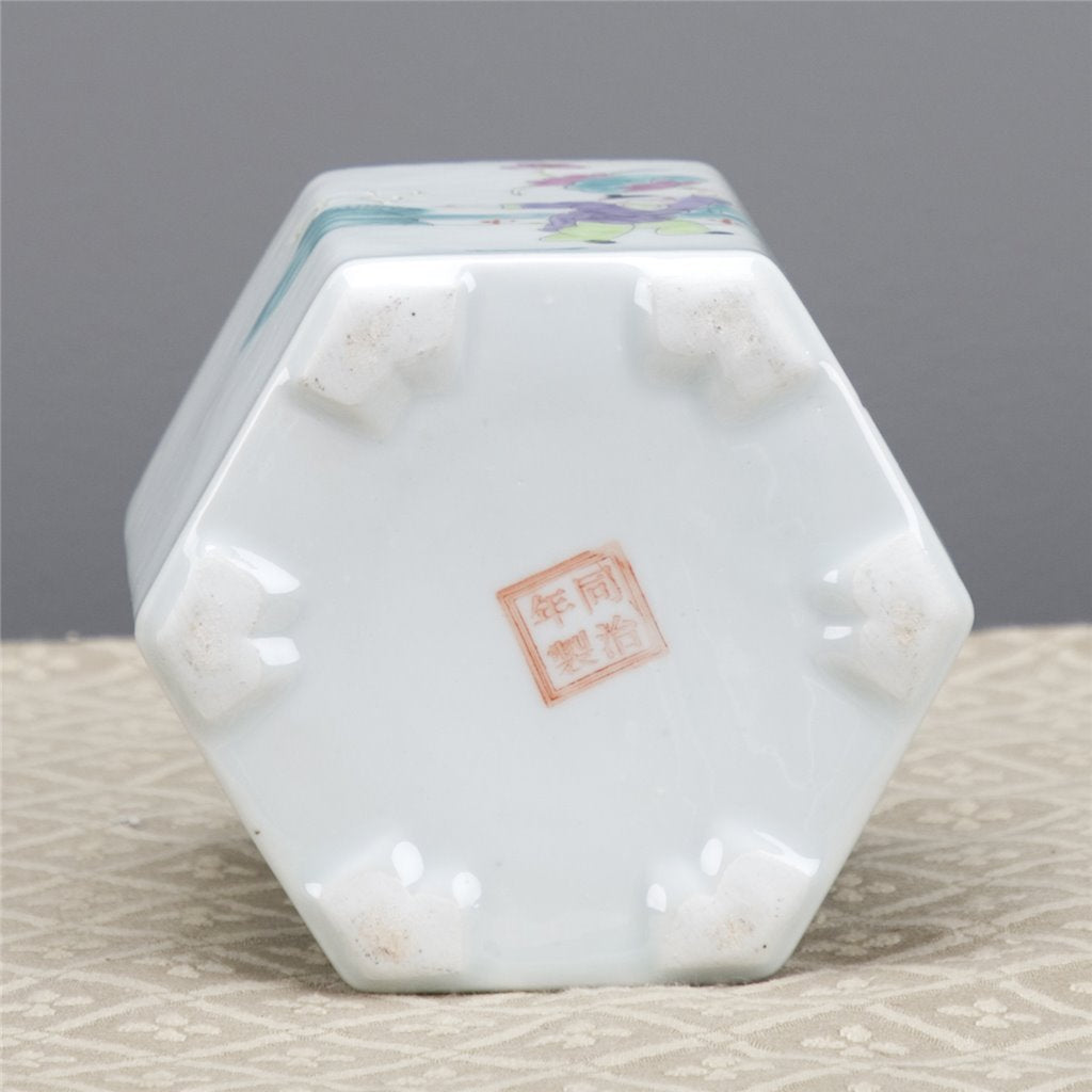 Danny's Fine Porcelain Hexagonal Porcelain Lidded Jar-Hand-Painted Scene