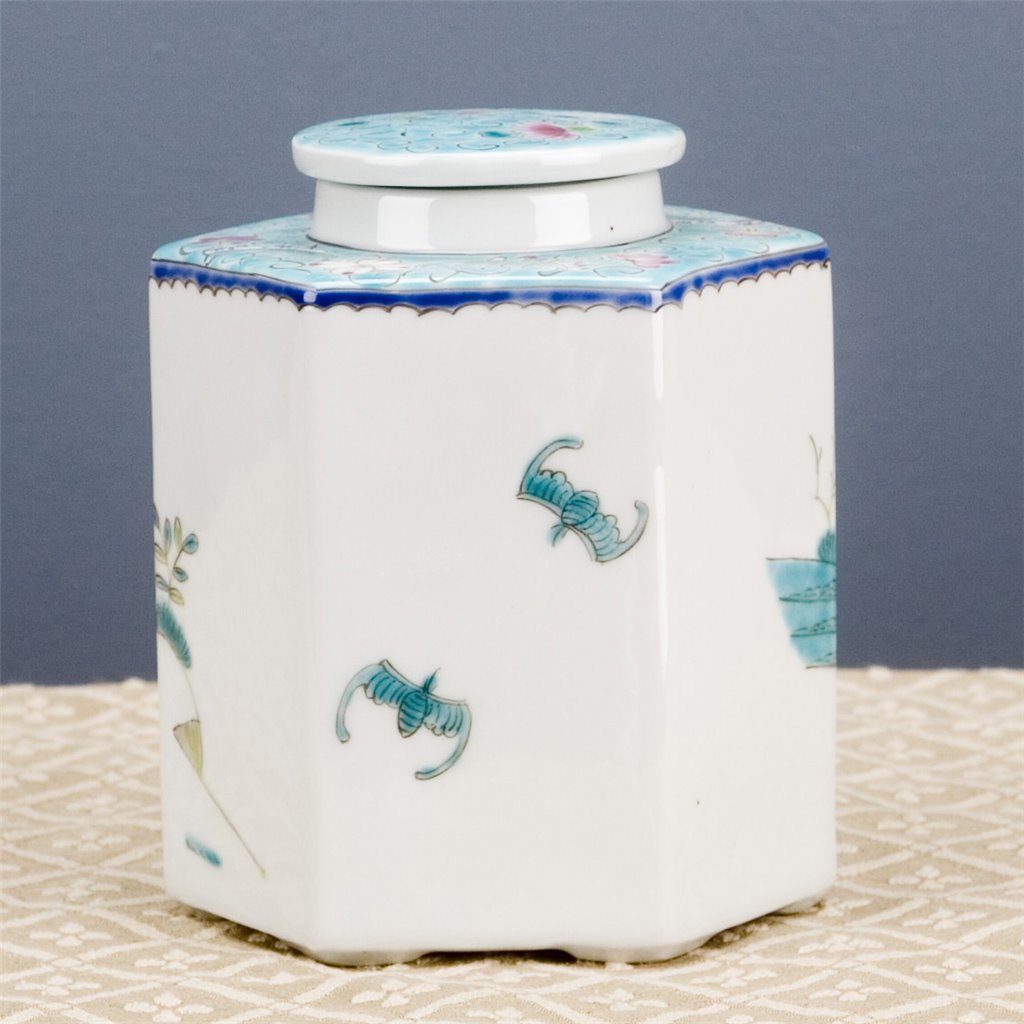 Danny's Fine Porcelain Hexagonal Porcelain Lidded Jar-Hand-Painted Scene