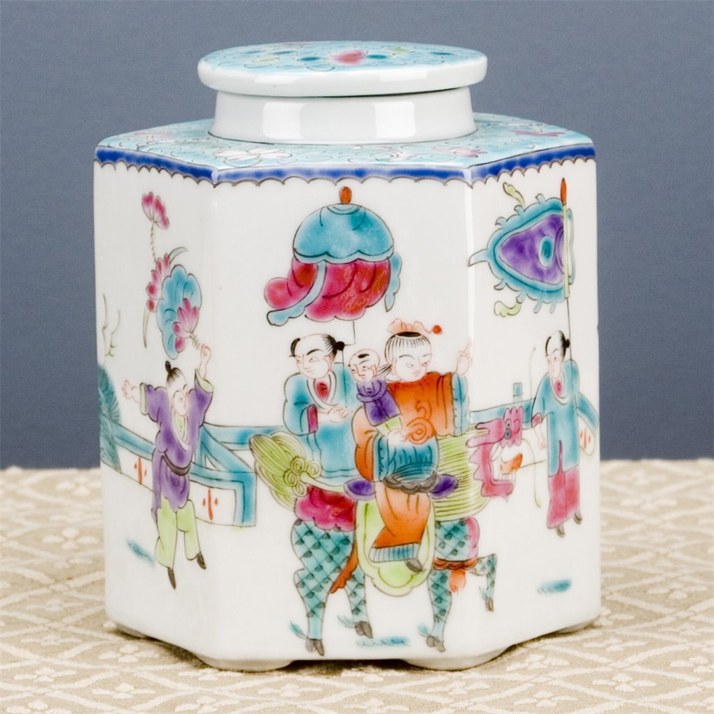 Danny's Fine Porcelain Hexagonal Porcelain Lidded Jar-Hand-Painted Scene