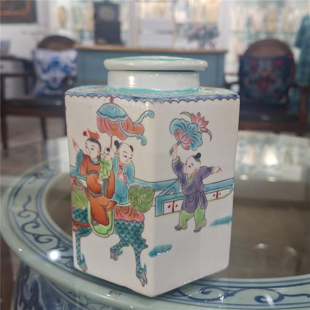 Danny's Fine Porcelain Hexagonal Porcelain Lidded Jar-Hand-Painted Scene