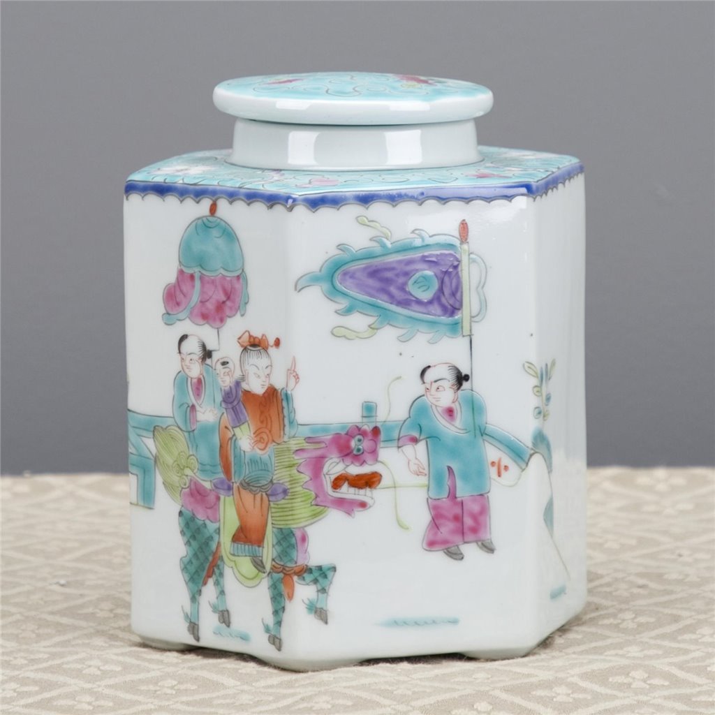 Danny's Fine Porcelain Hexagonal Porcelain Lidded Jar-Hand-Painted Scene