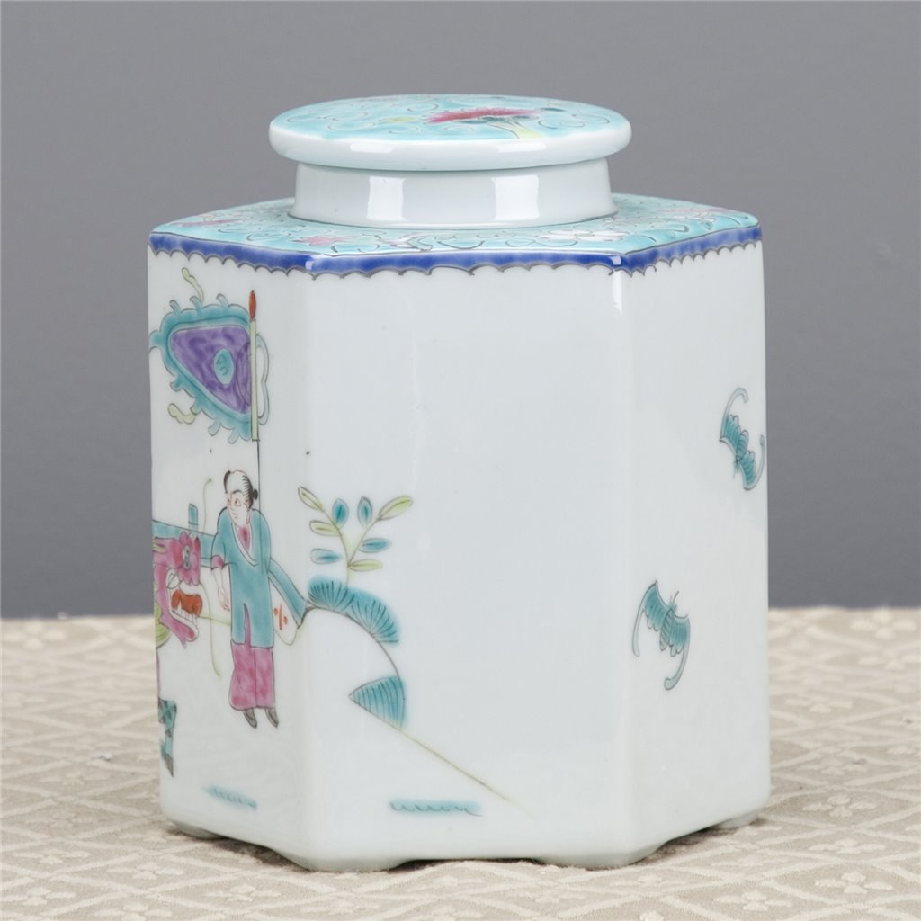 Danny's Fine Porcelain Hexagonal Porcelain Lidded Jar-Hand-Painted Scene