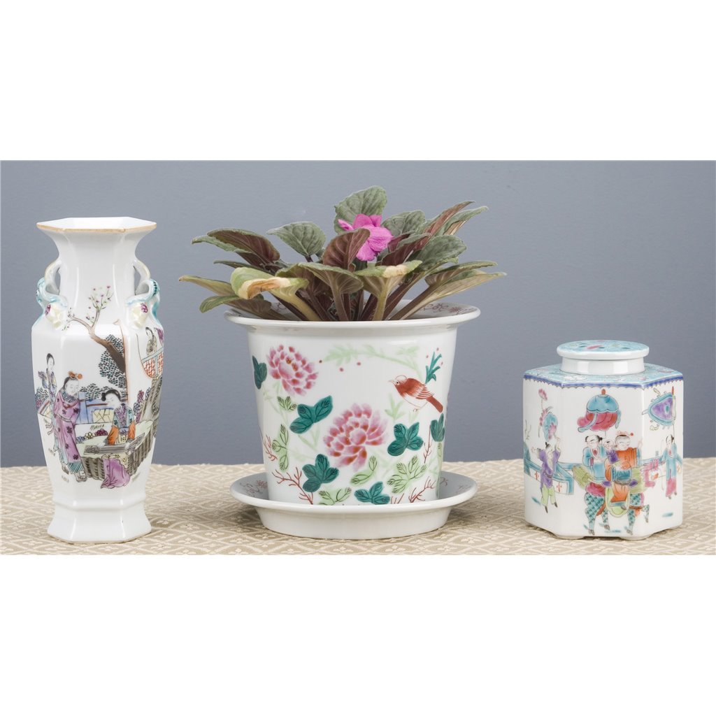 Danny's Fine Porcelain Hexagonal Porcelain Lidded Jar-Hand-Painted Scene