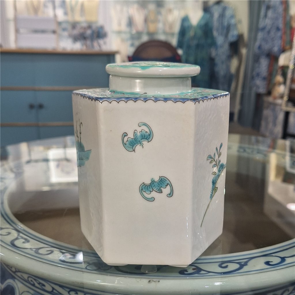 Danny's Fine Porcelain Hexagonal Porcelain Lidded Jar-Hand-Painted Scene