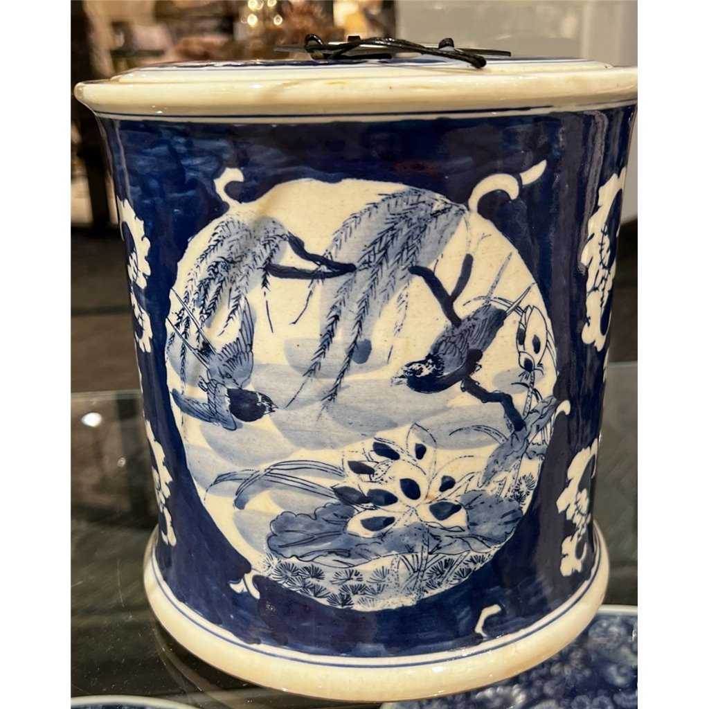 Danny's Fine Porcelain Blue & White Lidded Box Ducks and Lotus