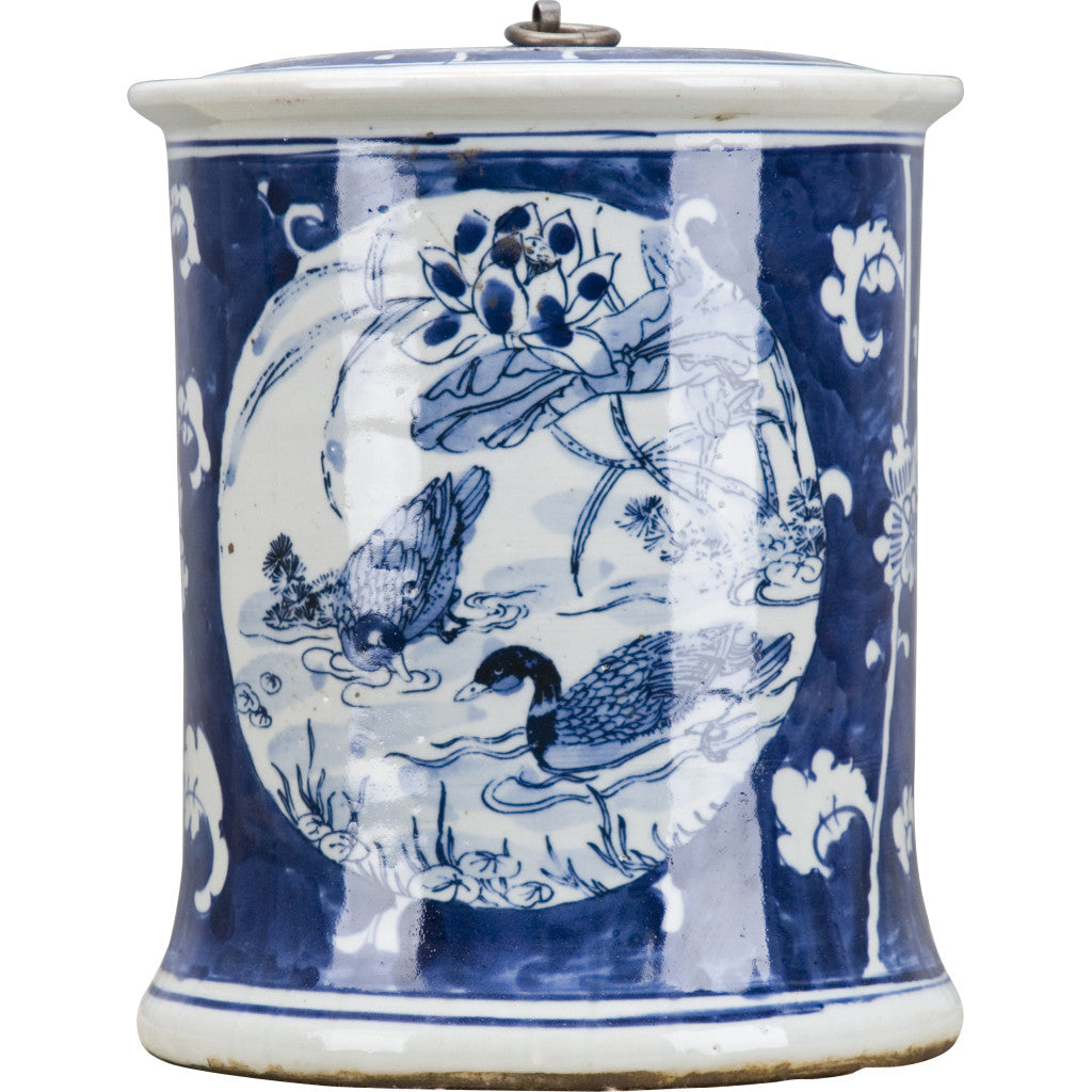 Danny's Fine Porcelain Blue & White Lidded Box Ducks and Lotus