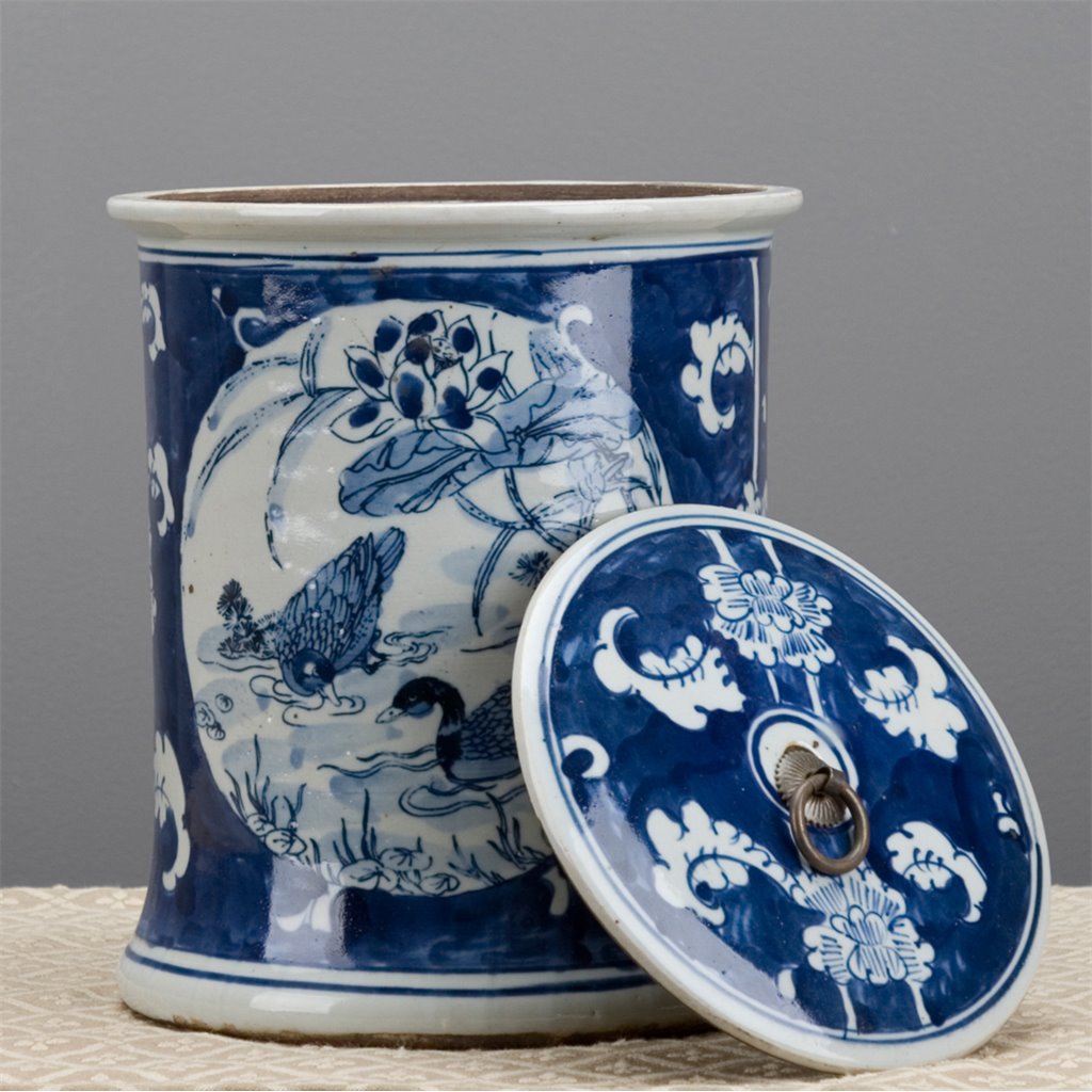 Danny's Fine Porcelain Blue & White Lidded Box Ducks and Lotus