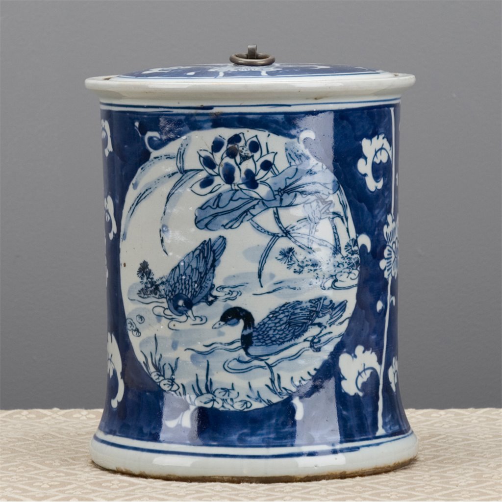 Danny's Fine Porcelain Blue & White Lidded Box Ducks and Lotus