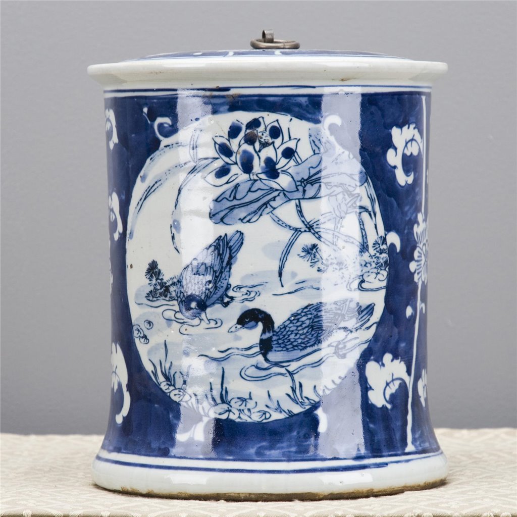 Danny's Fine Porcelain Blue & White Lidded Box Ducks and Lotus