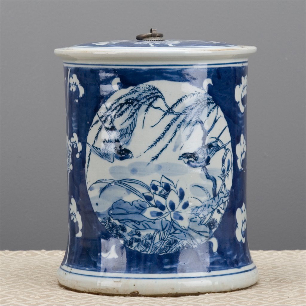 Danny's Fine Porcelain Blue & White Lidded Box Ducks and Lotus