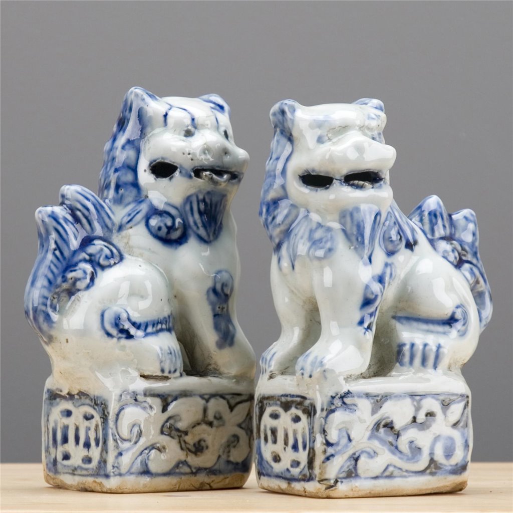 Danny's Fine Porcelain Charming Small Foo Dog Pair Hand Painted Blue & White Finish