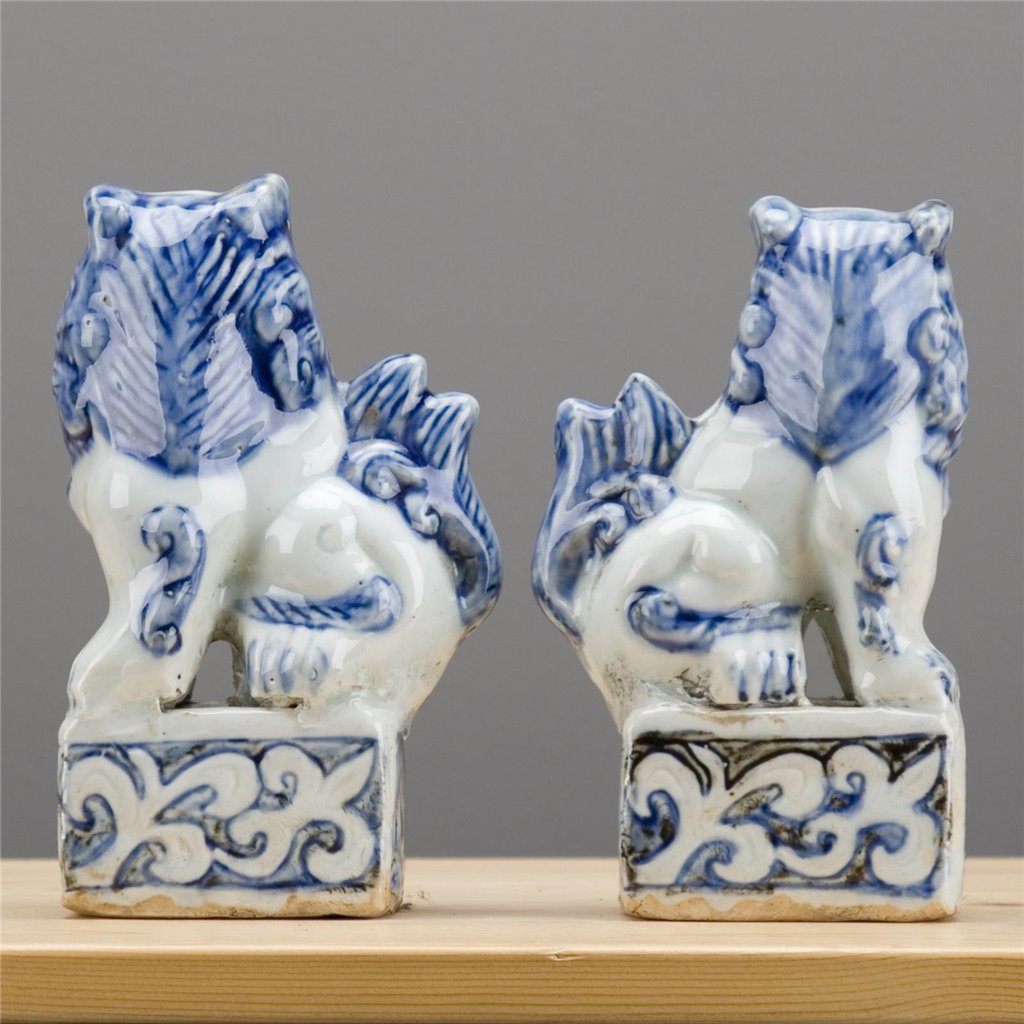 Danny's Fine Porcelain Charming Small Foo Dog Pair Hand Painted Blue & White Finish
