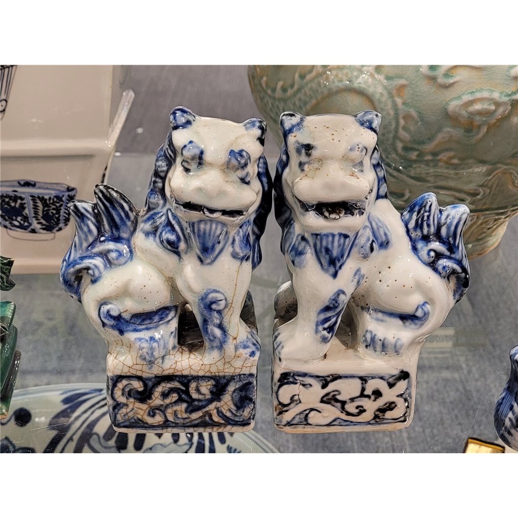 Danny's Fine Porcelain Charming Small Foo Dog Pair Hand Painted Blue & White Finish