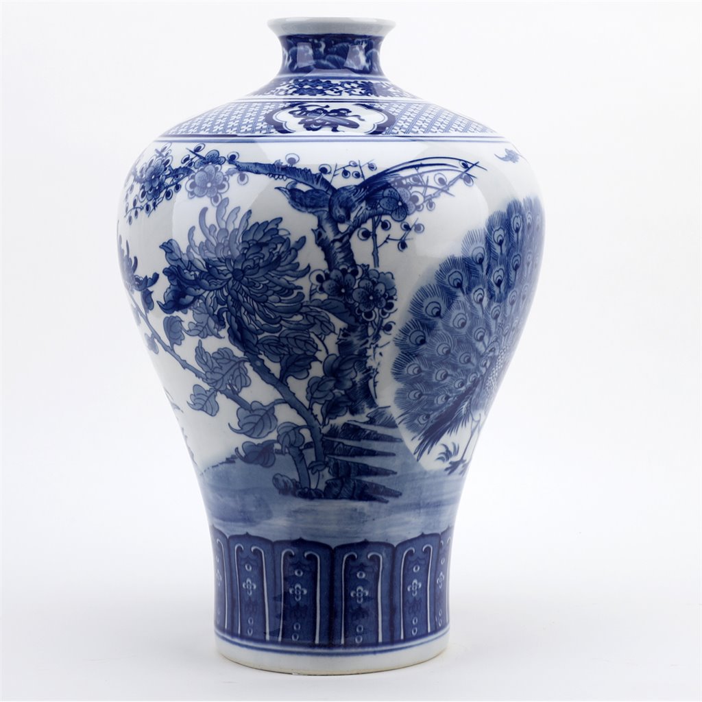 Danny's Fine Porcelain Plum Vase - Blue & White Peacock (special Price)