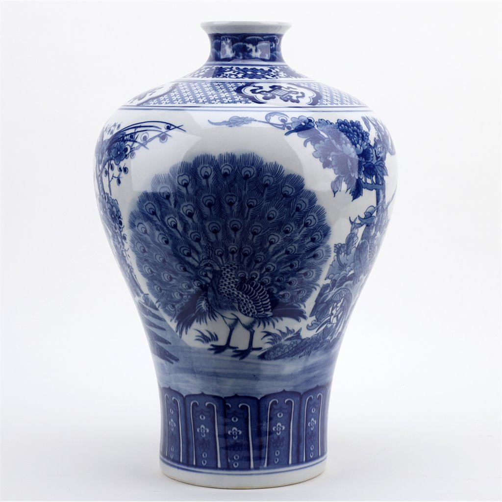 Danny's Fine Porcelain Plum Vase - Blue & White Peacock (special Price)