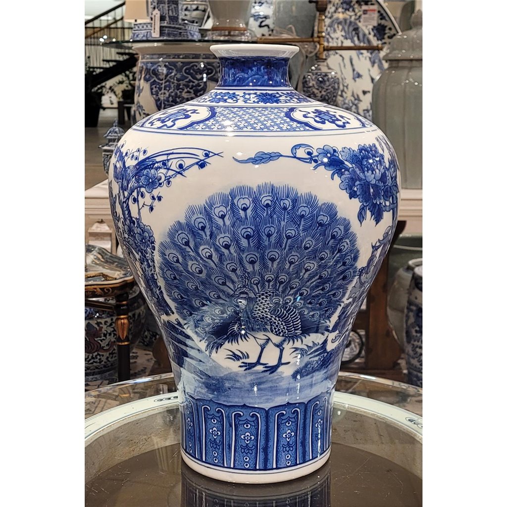 Danny's Fine Porcelain Plum Vase - Blue & White Peacock (special Price)