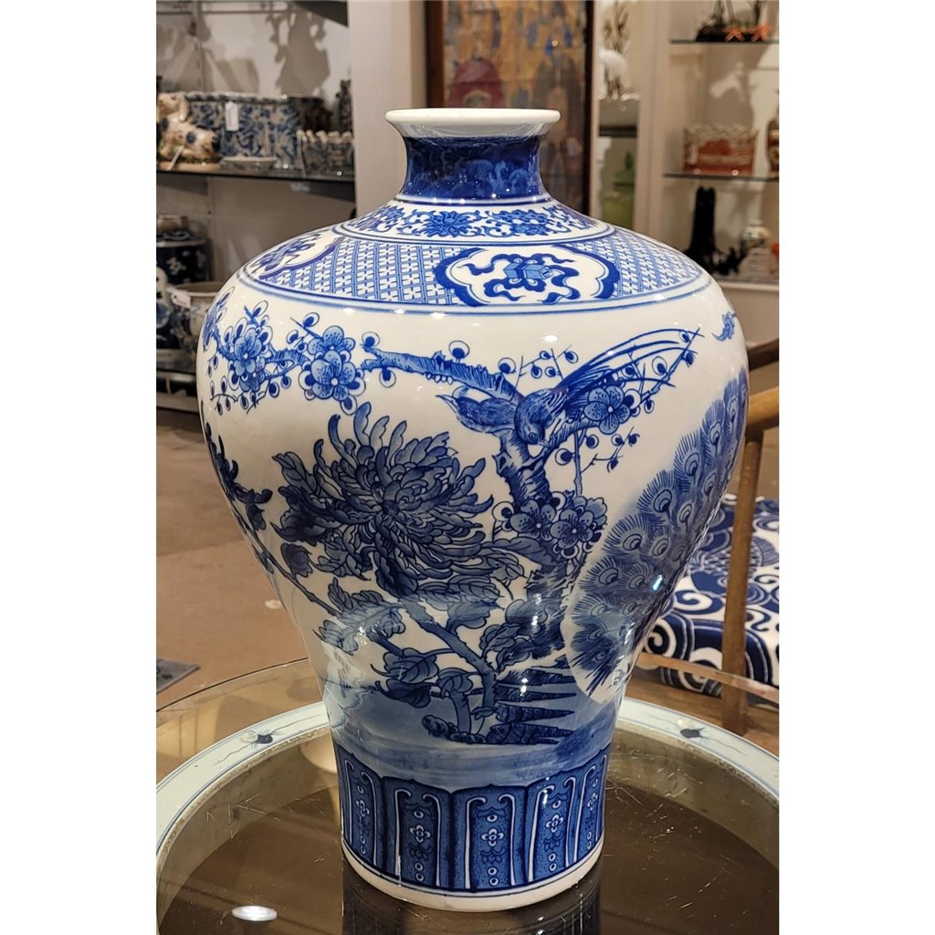 Danny's Fine Porcelain Plum Vase - Blue & White Peacock (special Price)