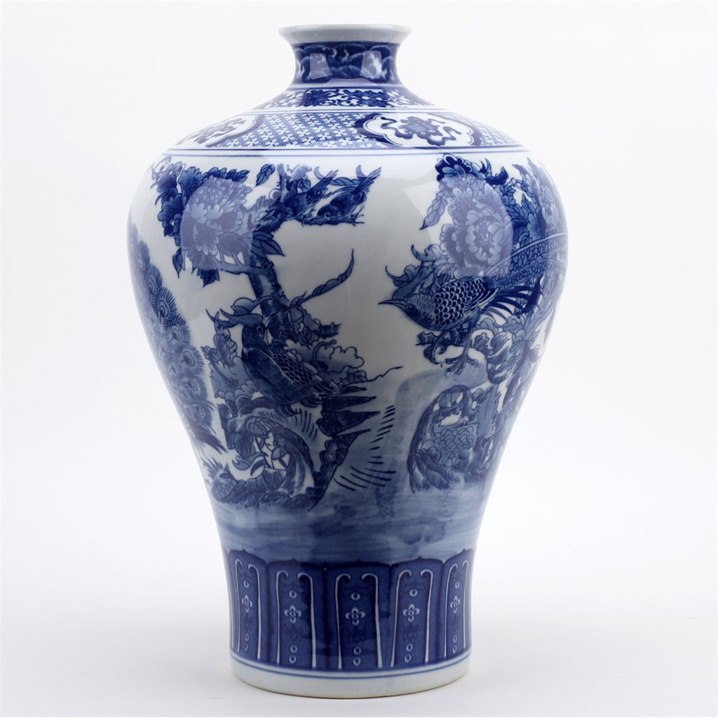 Danny's Fine Porcelain Plum Vase - Blue & White Peacock (special Price)