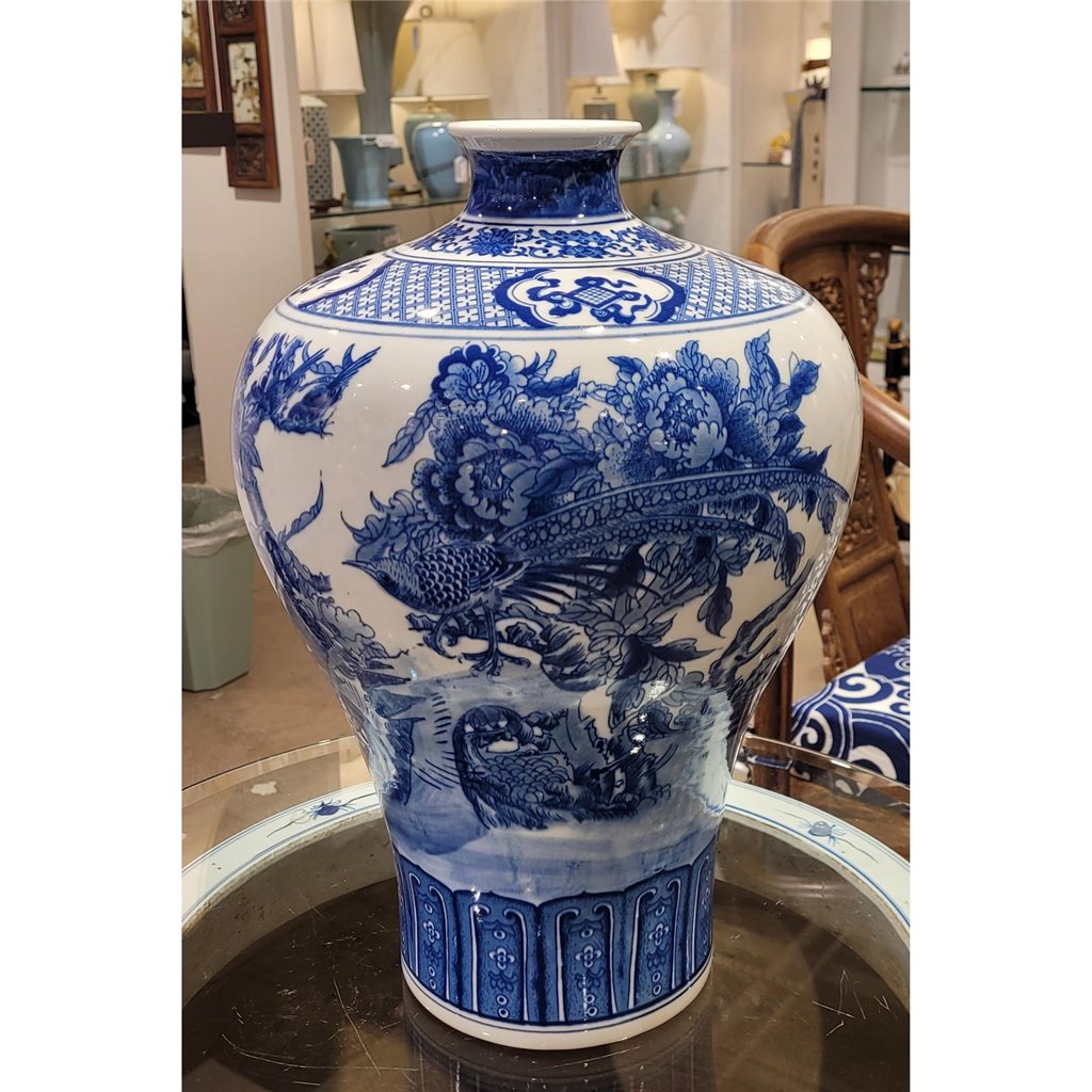 Danny's Fine Porcelain Plum Vase - Blue & White Peacock (special Price)