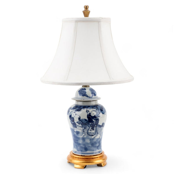 Danny's Fine Porcelain Small Lidded Jar Lamp - Children Playing - Gold Wood Base