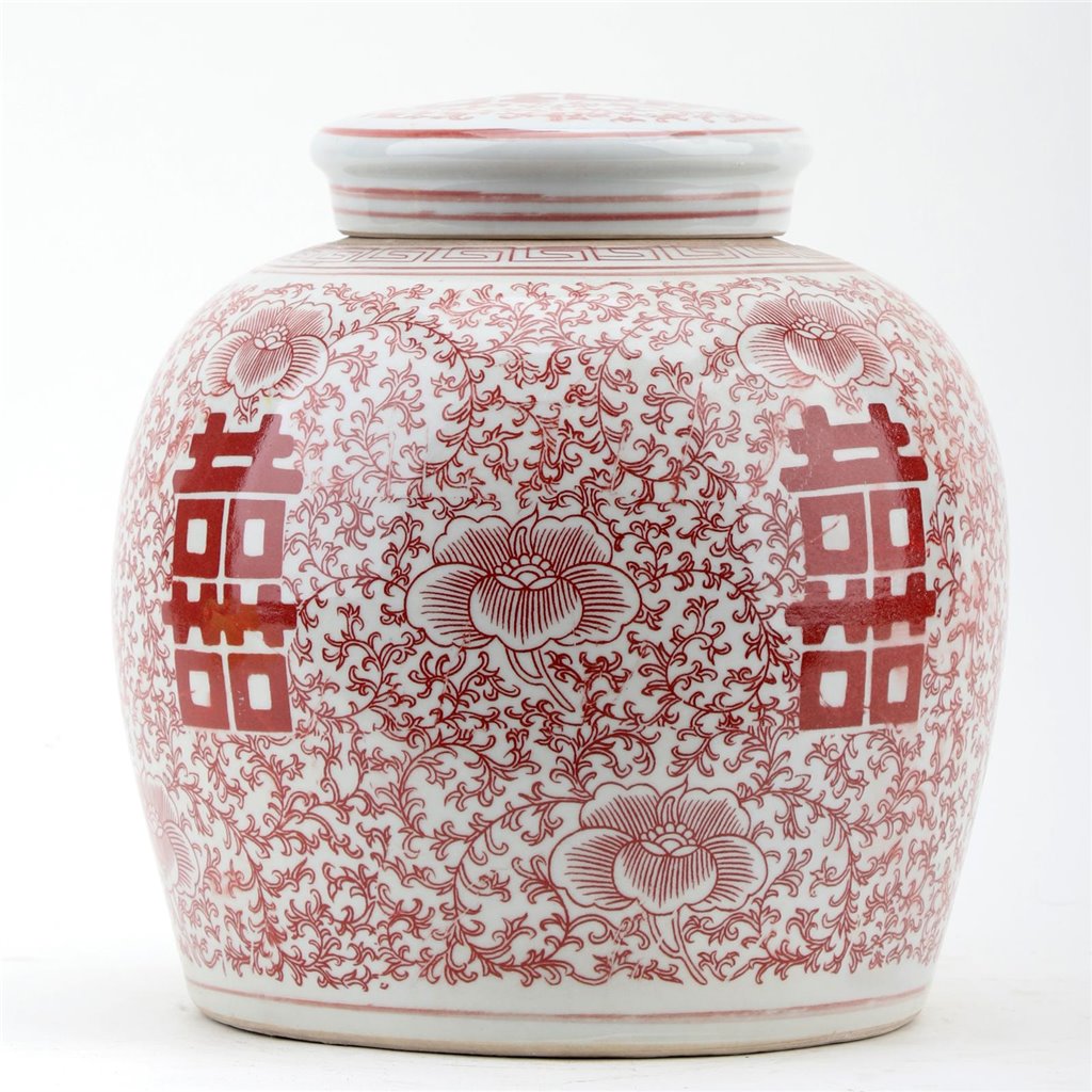 Danny's Fine Porcelain Large Bulb Jar - Double Happiness (salmon Color)