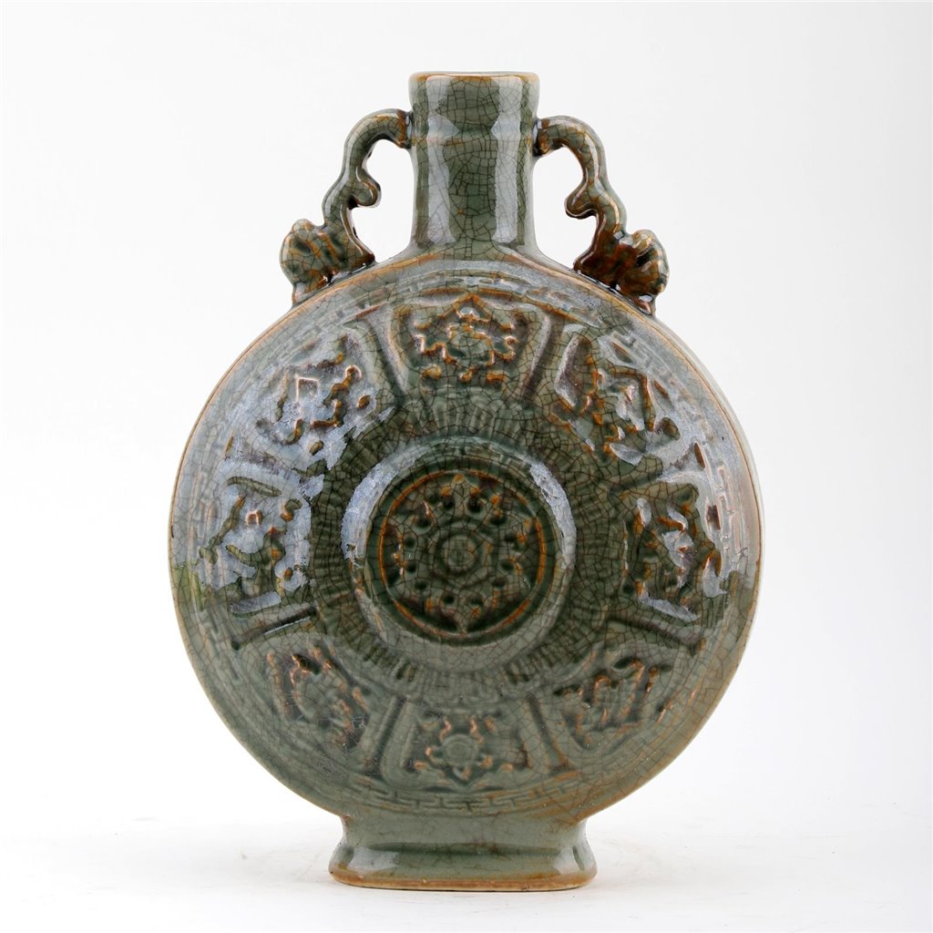 Danny's Fine Porcelain Moon Vase F Raised Medallion Design and Twin Curved Handles
