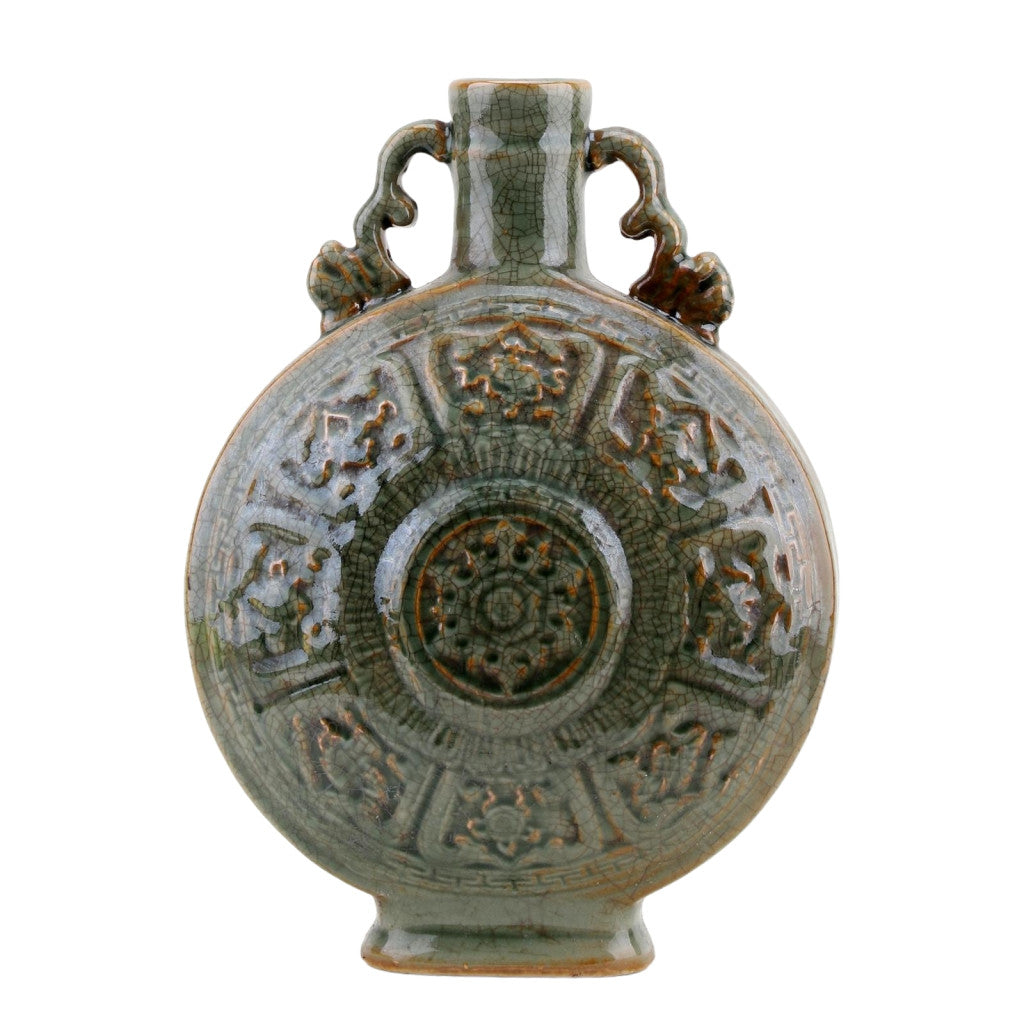 Danny's Fine Porcelain Moon Vase F Raised Medallion Design and Twin Curved Handles