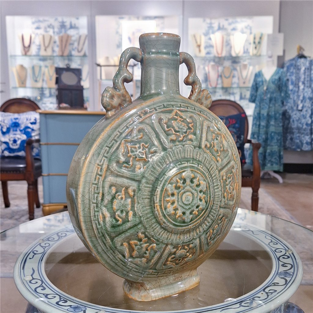Danny's Fine Porcelain Moon Vase F Raised Medallion Design and Twin Curved Handles