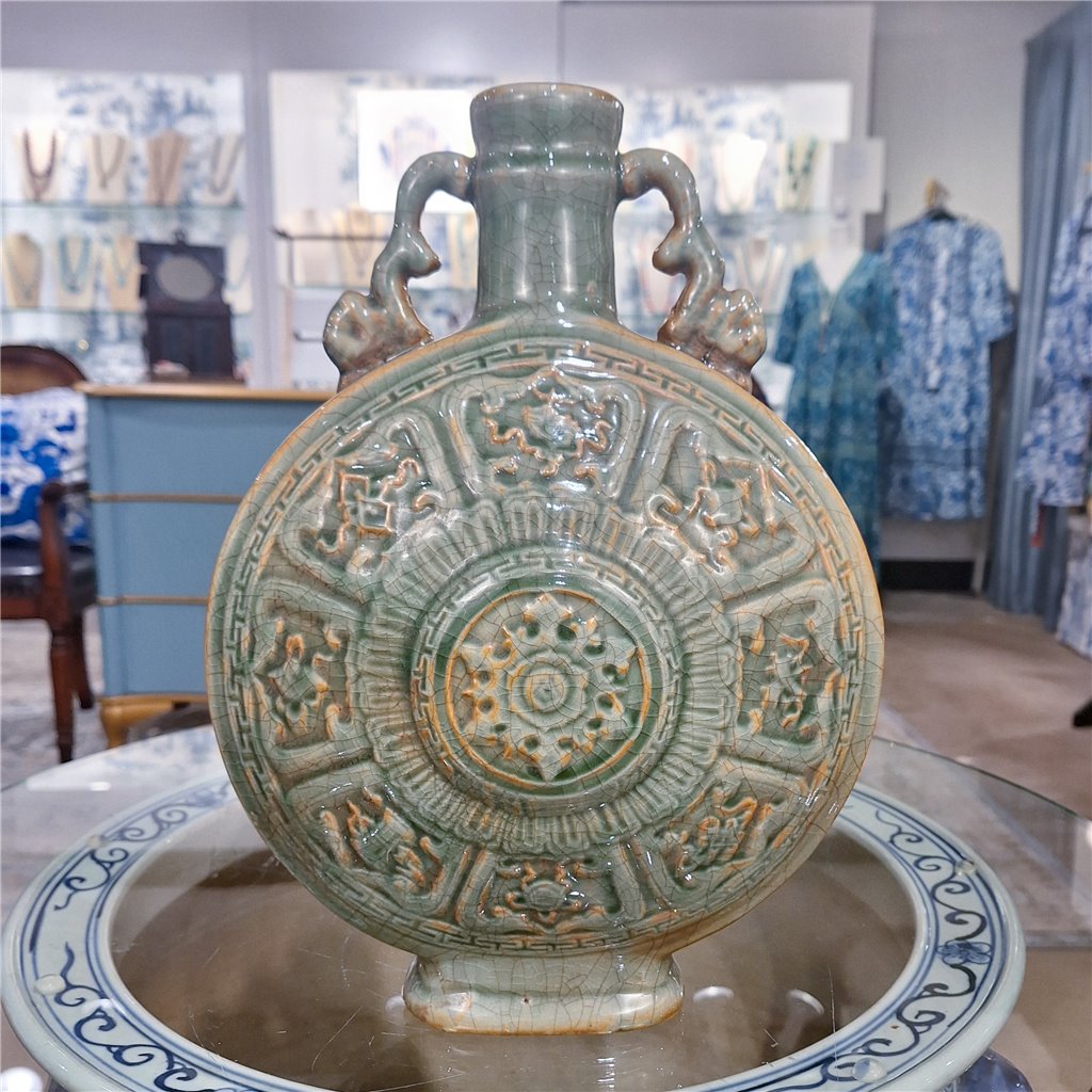 Danny's Fine Porcelain Moon Vase F Raised Medallion Design and Twin Curved Handles