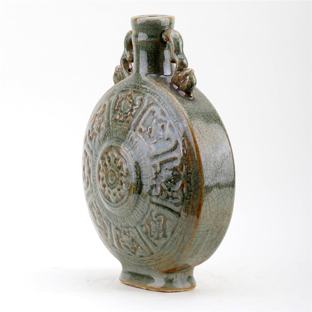 Danny's Fine Porcelain Moon Vase F Raised Medallion Design and Twin Curved Handles