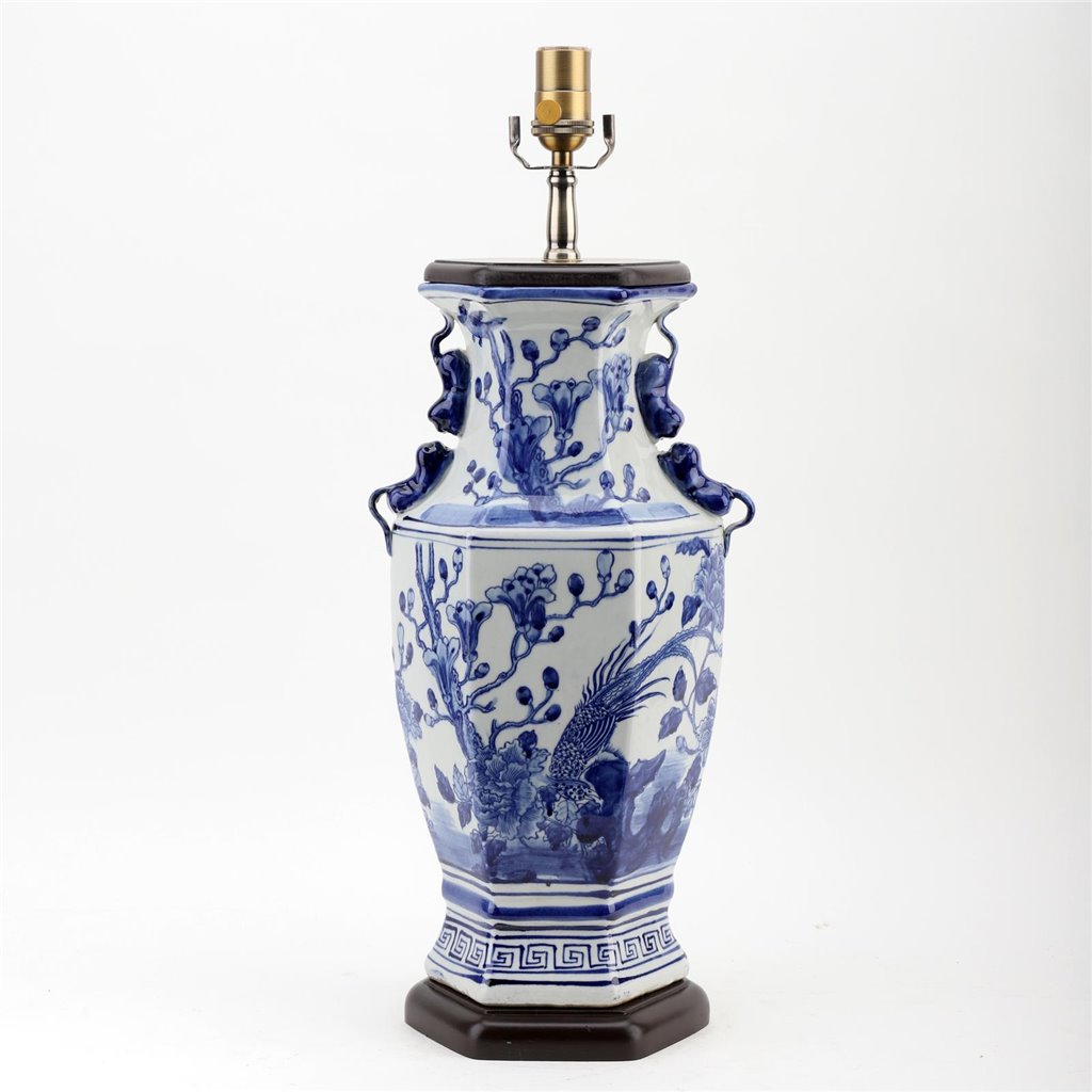 Danny's Fine Porcelain Hex Vase Lamp - Bird and Floral (shade - 125-16-Be)