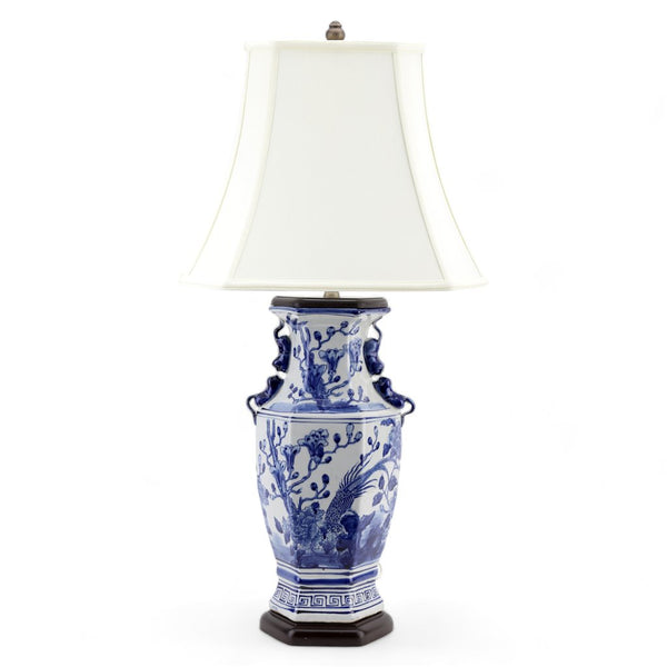 Danny's Fine Porcelain Hex Vase Lamp - Bird and Floral (shade - 125-16-Be)