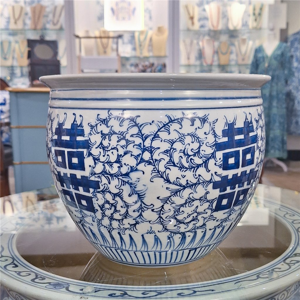 Danny's Fine Porcelain Round Planter - Blue & White Double Happiness