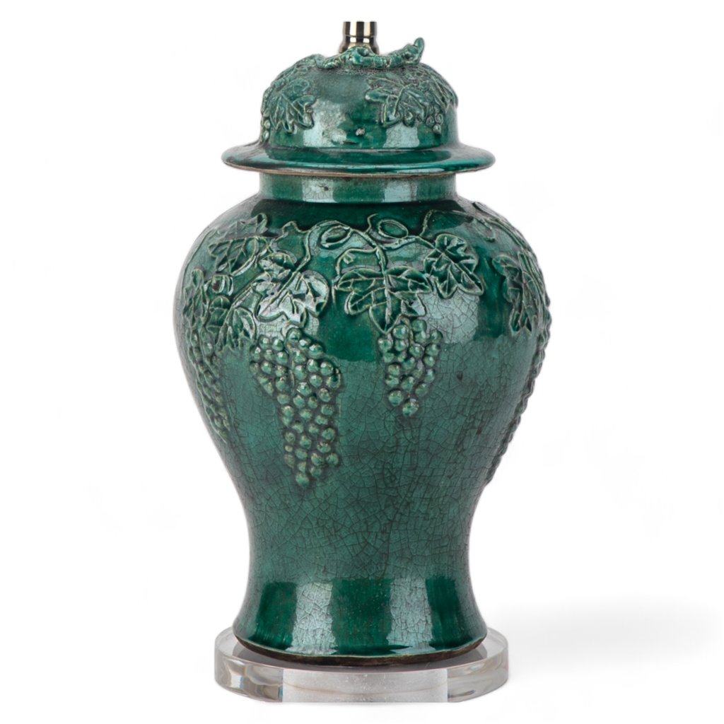 Danny's Fine Porcelain Green Lidded Peach Lid Temple Jar Lamp - Majestic Bird Pattern